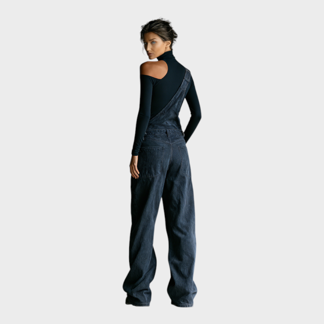 Aviana | Women's Black Cotton One-shoulder Turtleneck Top And Blue-grey Denim Loose-fitting Overalls Set MDA2045K8T