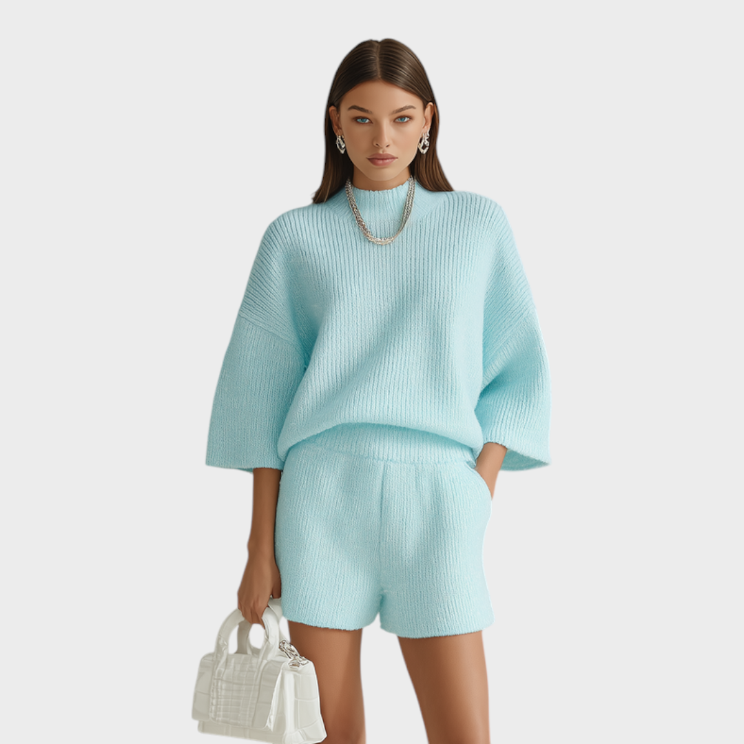 Stephanie | Casual Baby Blue Mock Neck Short Sleeve Oversized Sweater Wide-Leg Shorts Knit Two-Piece Set