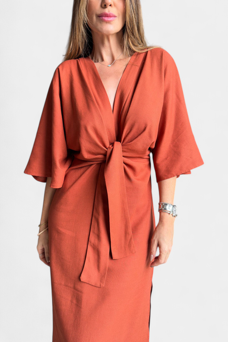 Ainhoa Casual Dress with Knot Front and Plunging Neckline