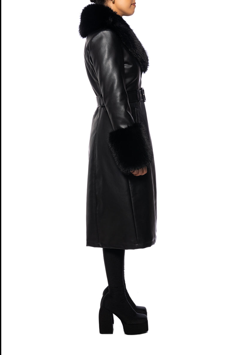 KAYA BLACK FAUX FUR LEATHER TRENCH COAT