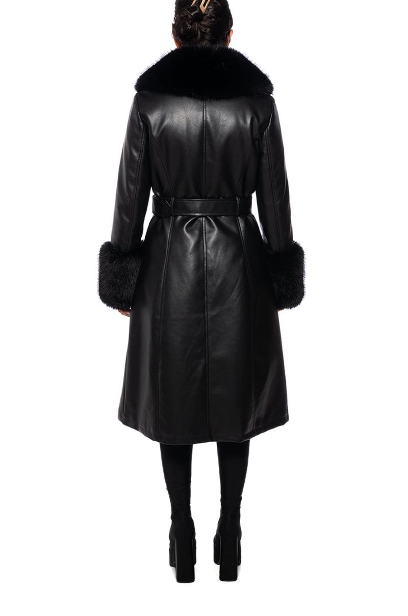 KAYA BLACK FAUX FUR LEATHER TRENCH COAT