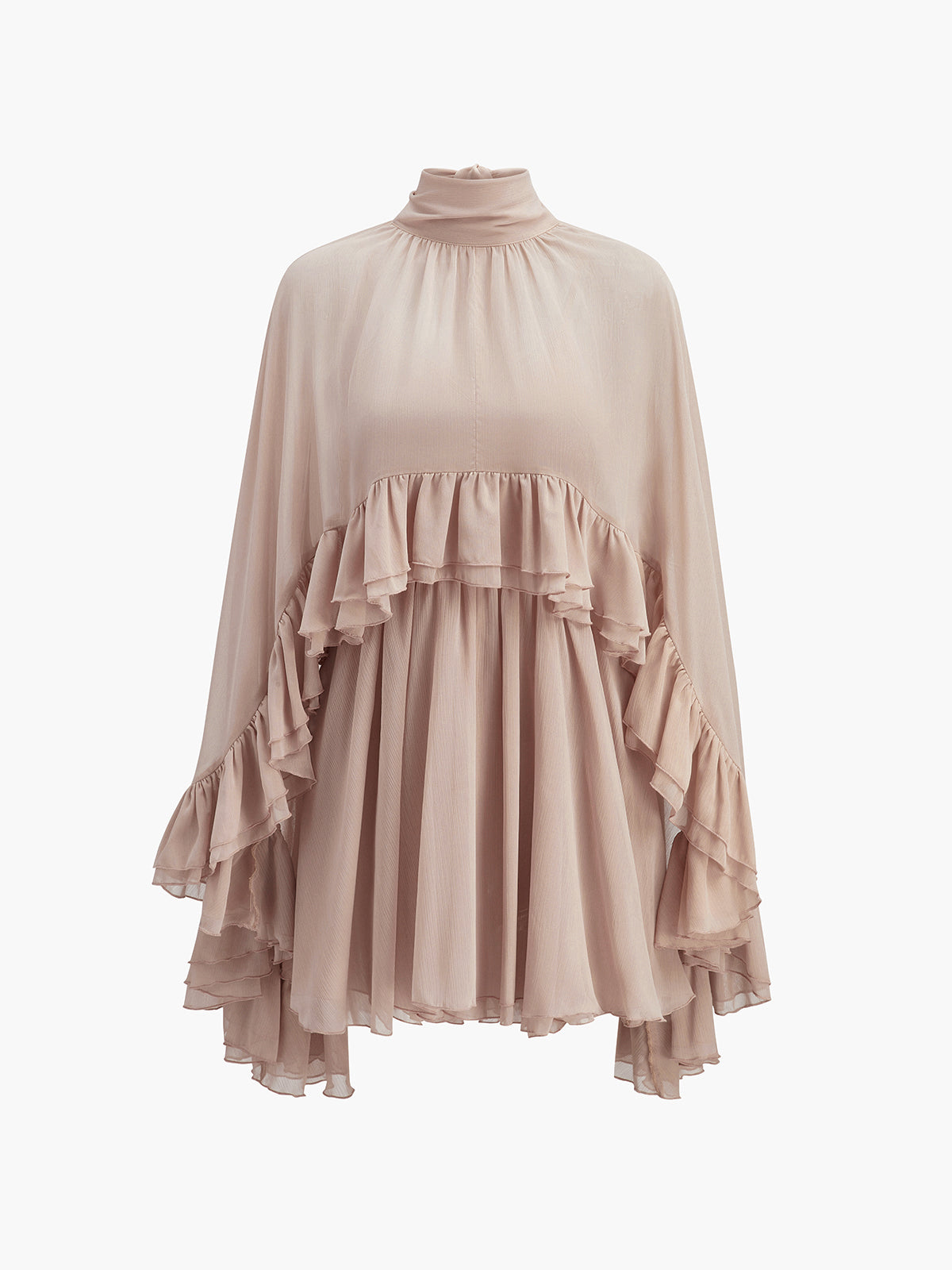 Kim - Semi-Sheer Chiffon Ruffle Dress With Outer Cape