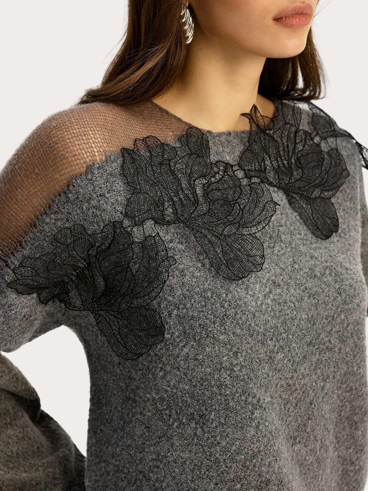 Basha | Floral lace semi-sheer sweater with a round neckline