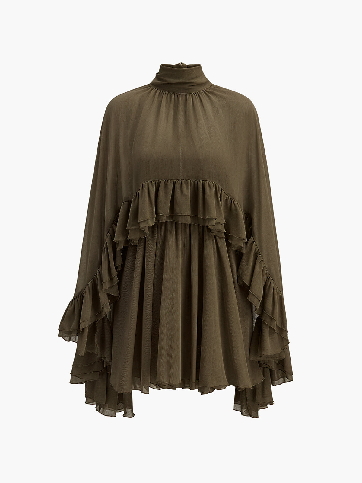 Kim - Semi-Sheer Chiffon Ruffle Dress With Outer Cape