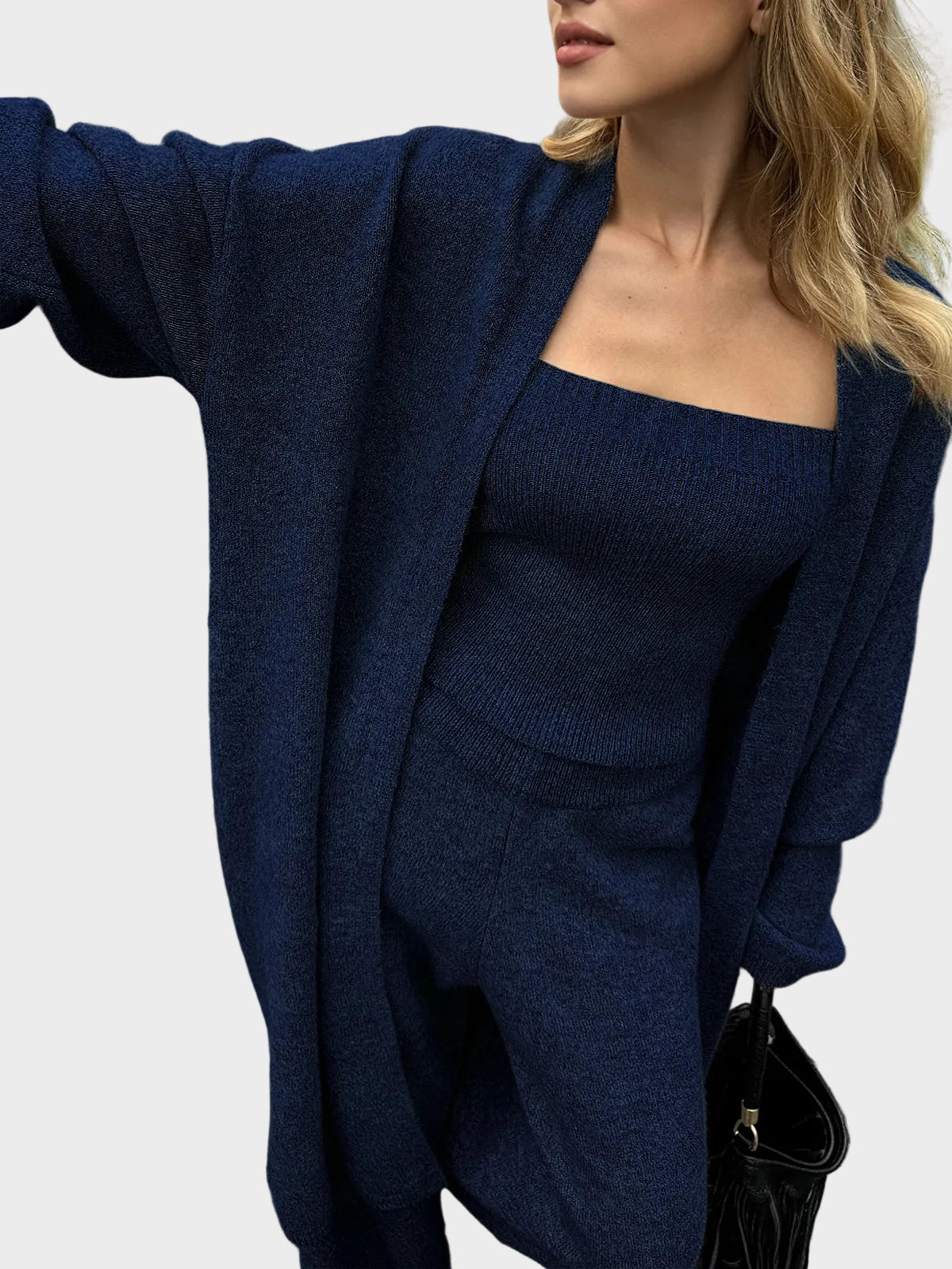 Three-Piece Knit Bustier Cardigan Pants Set