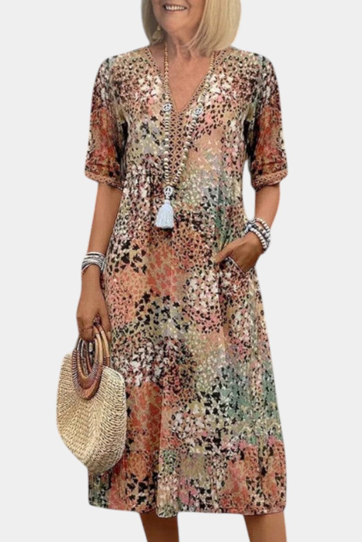 Perla Boho Dress with Floral Pattern and Knitted Details