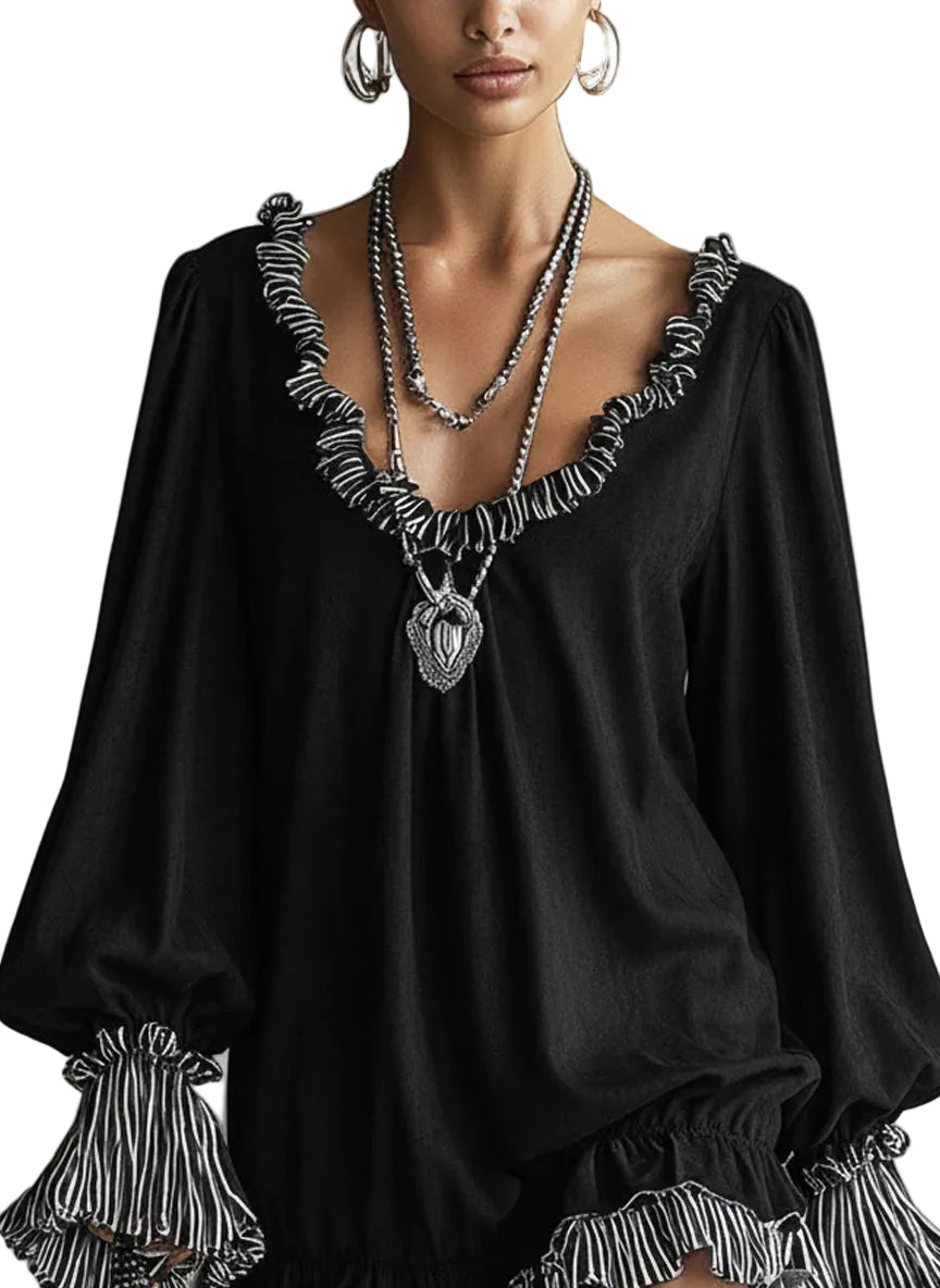 Bella - Black Faux Suede Striped Ruffled Loose Mini Dress