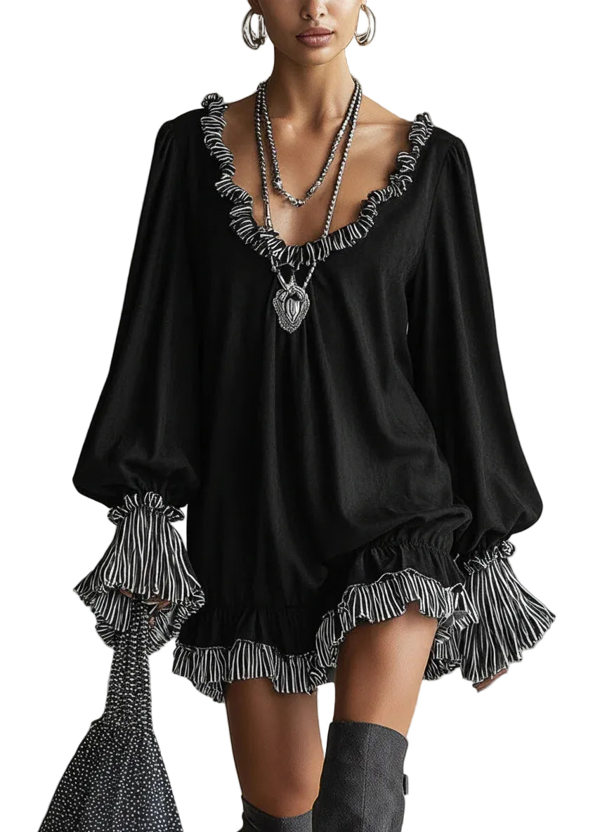 Bella - Black Faux Suede Striped Ruffled Loose Mini Dress