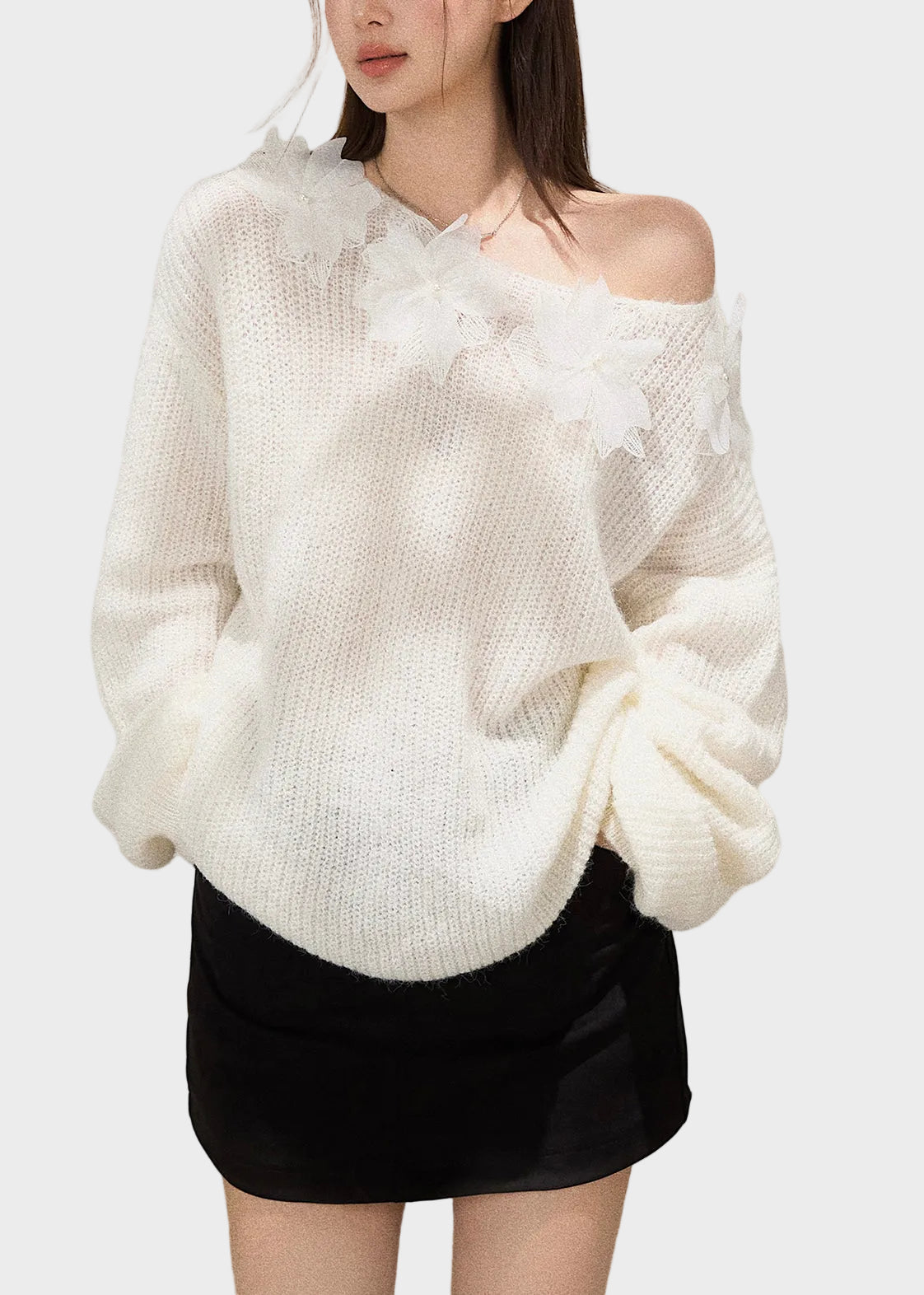 Mercedes | Boho White Oversized Floral Decorated Knit TopS Fall