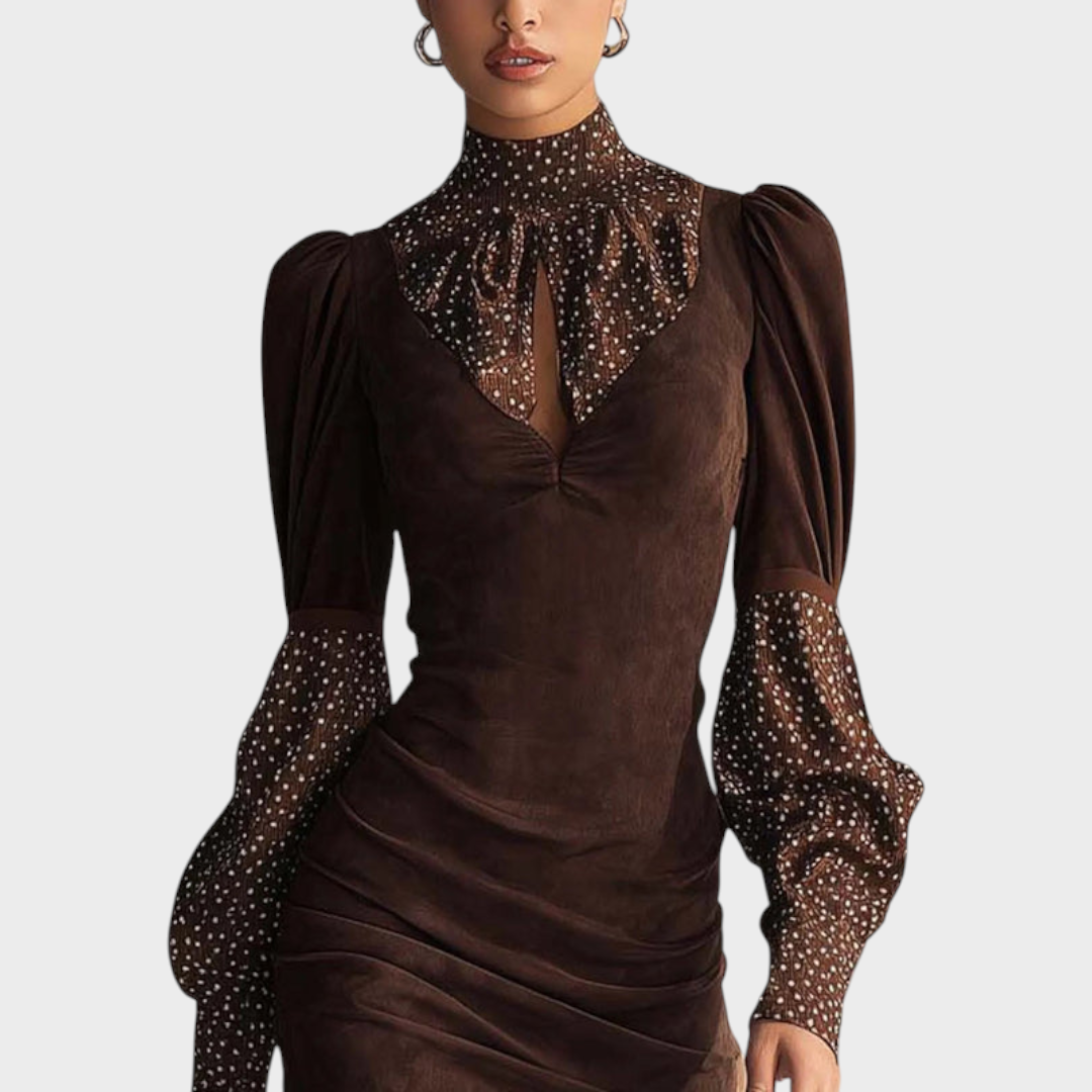 Laira |BROWN FAUX SUEDE BODYCON DRESS WITH SATIN POLKA DOTS