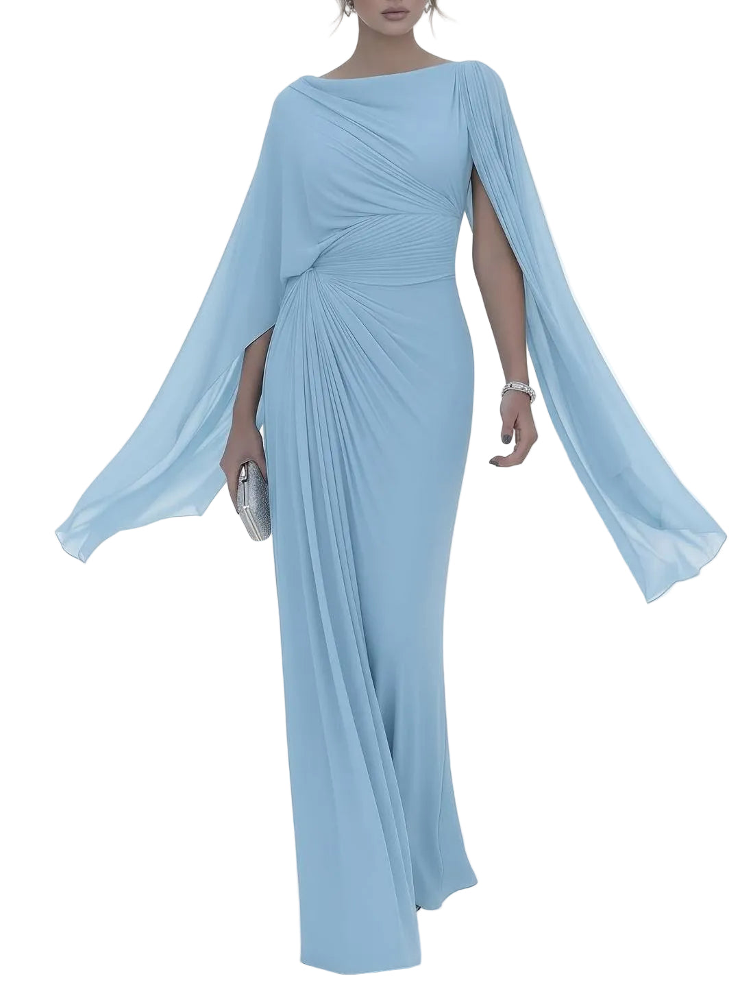 Helga - Elegant Draped Cape Sleeves Maxi Dress