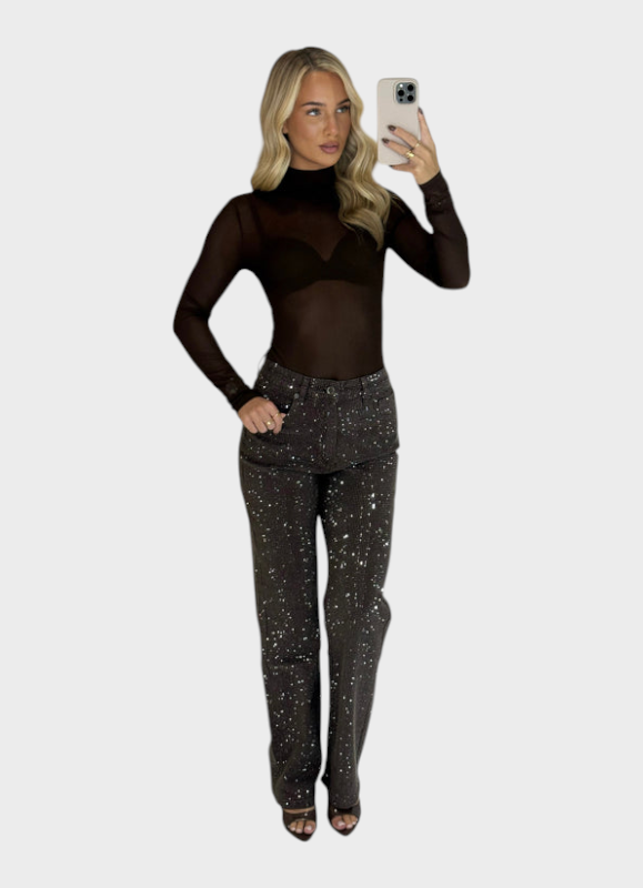 Miley | Straight Leg Jeans with Rhinestones in Chocolate