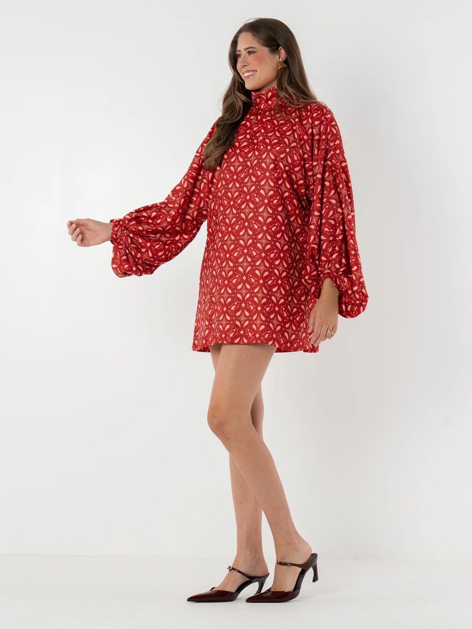 Kayla - Bohemian High Neck Lantern Sleeve Mini Dress