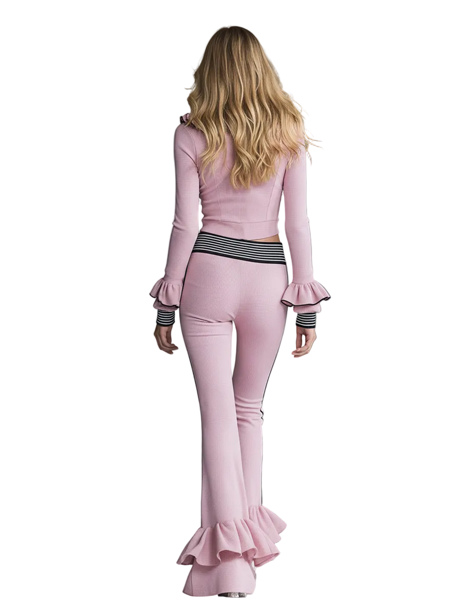 Mani - Elegant Sporty Black-trimmed Pink Flared Pants Set