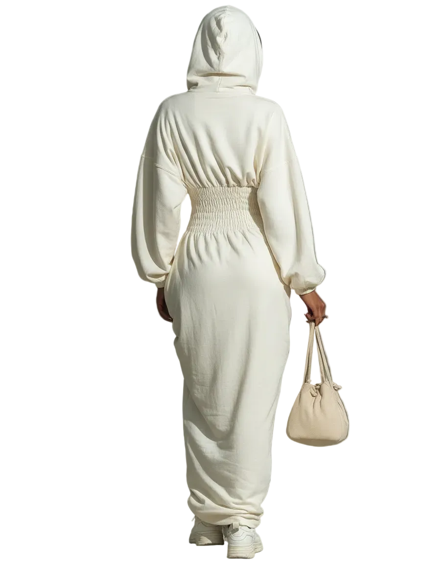 Rachel | Women's Minimalist Waist Shirring Hooded Sweatshirt Maxi Dress