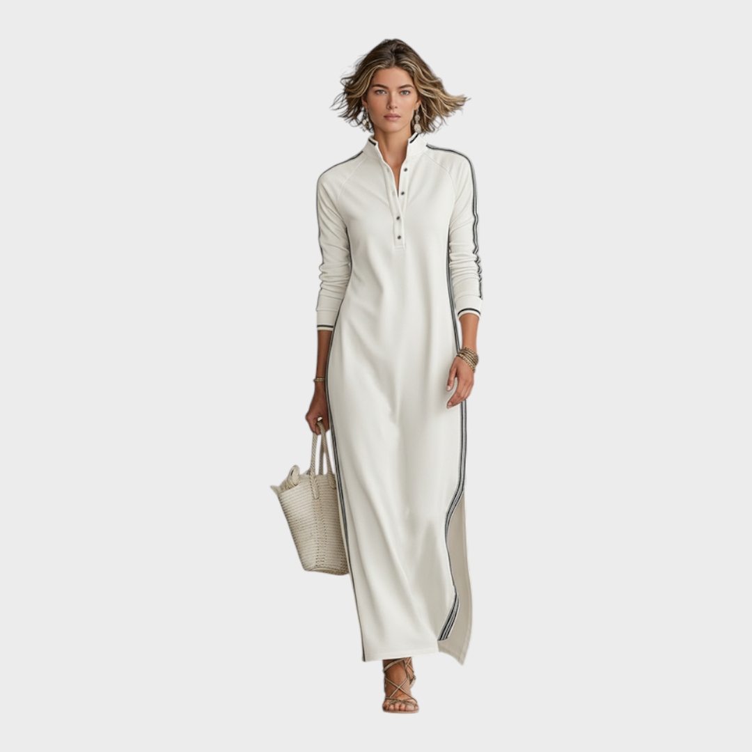 Jenalie | Women's Minimalist White-trimmed Button-down Collar Sweatshirt Dress Maxi Dress MDA0958L0Y