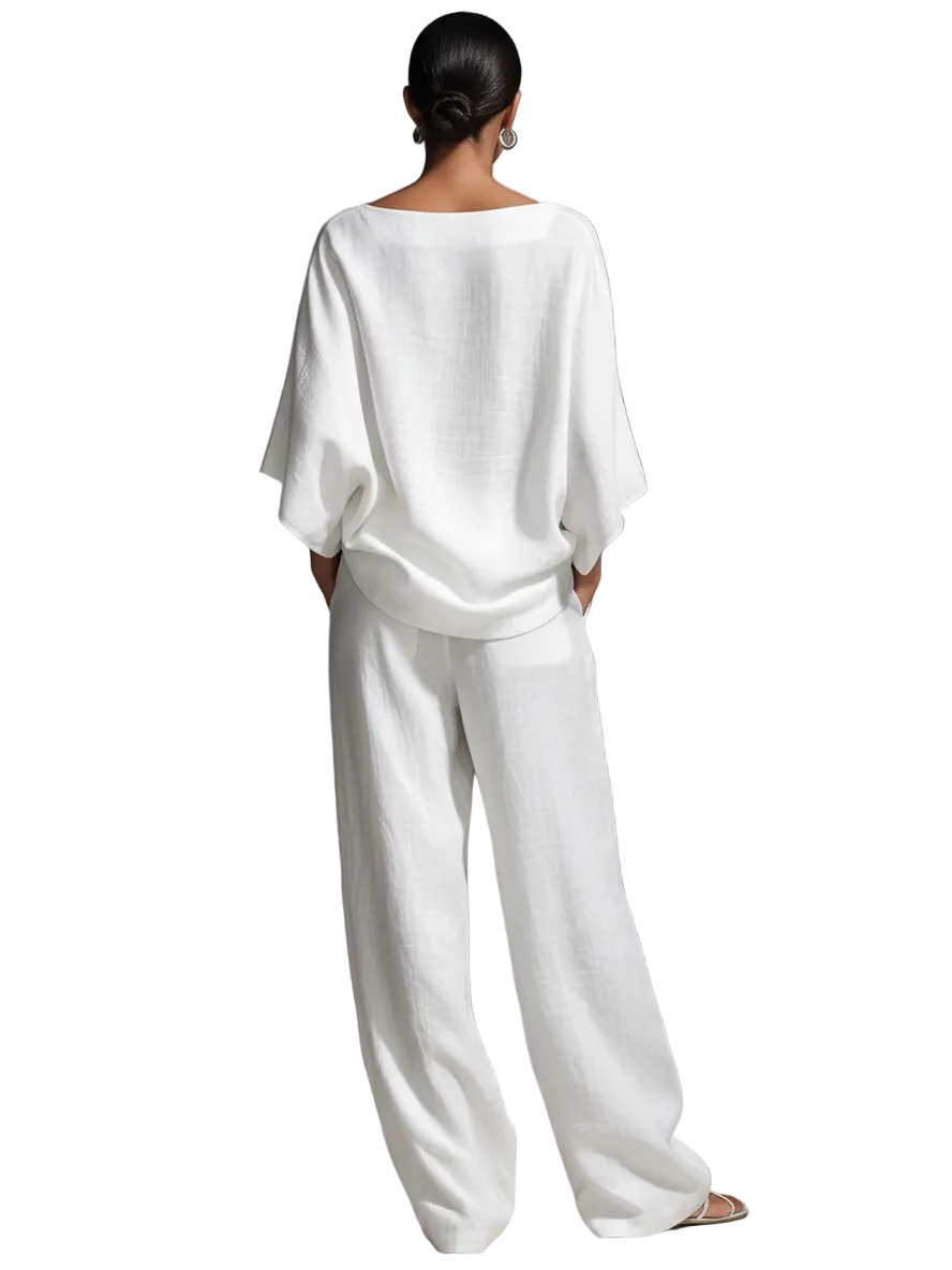 Chloe | Women's Relaxed Linen-Blend White Boat-Neck Batwing-Sleeve Oversized Top & Wide-Leg Pants Set