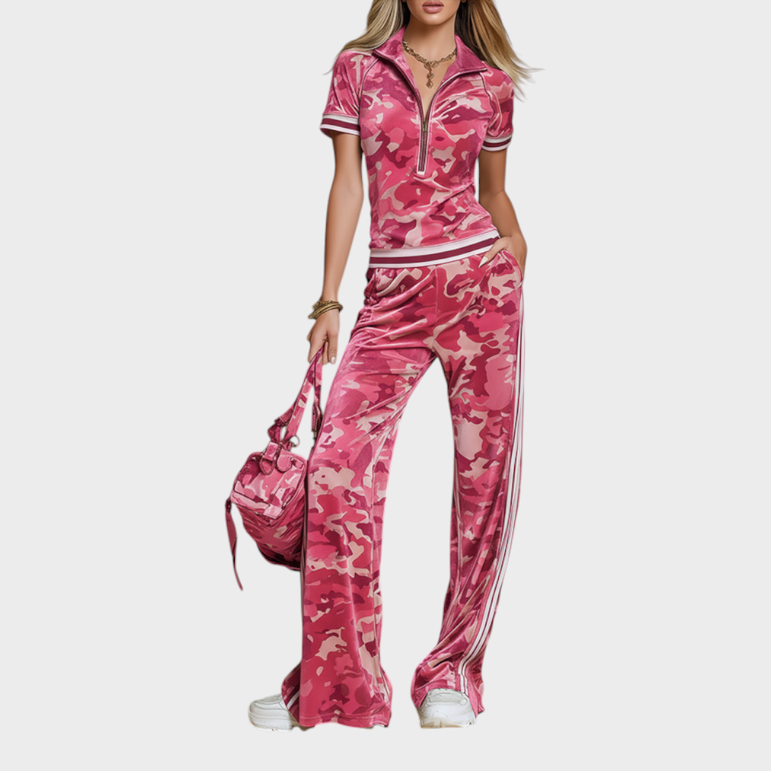 Angelique | Retro Color-blocked Striped Trim Camouflage Velvet T-shirt And Pants Set