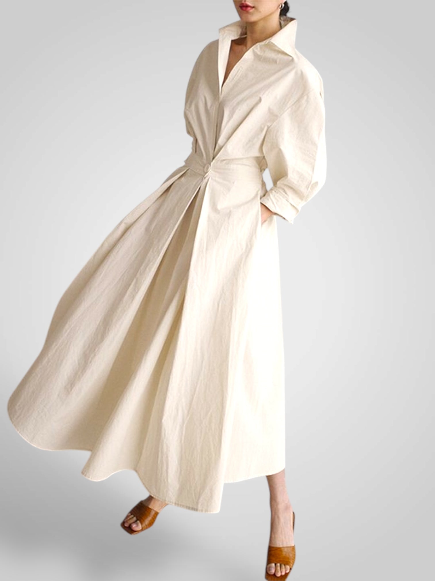 Ella | Dámské maxi šaty s kapsami, knoflíky a dlouhým rukávem