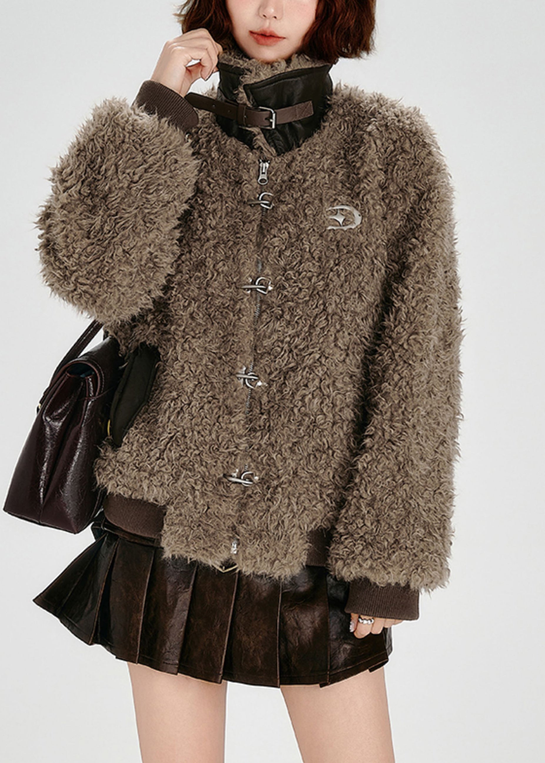 Leyla | Italian Brown Oversized Patchwork Coat in Faux Leather and Teddy - Winter