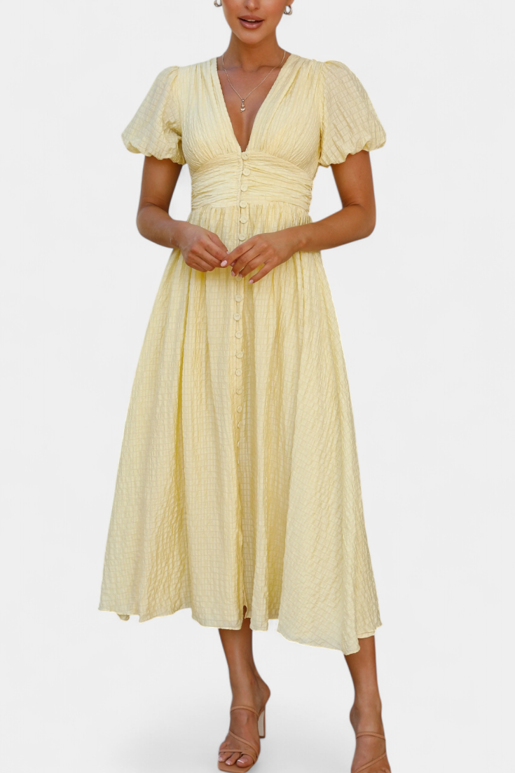 Mélia Maxi Dress with V-Neck and Puff Sleeves