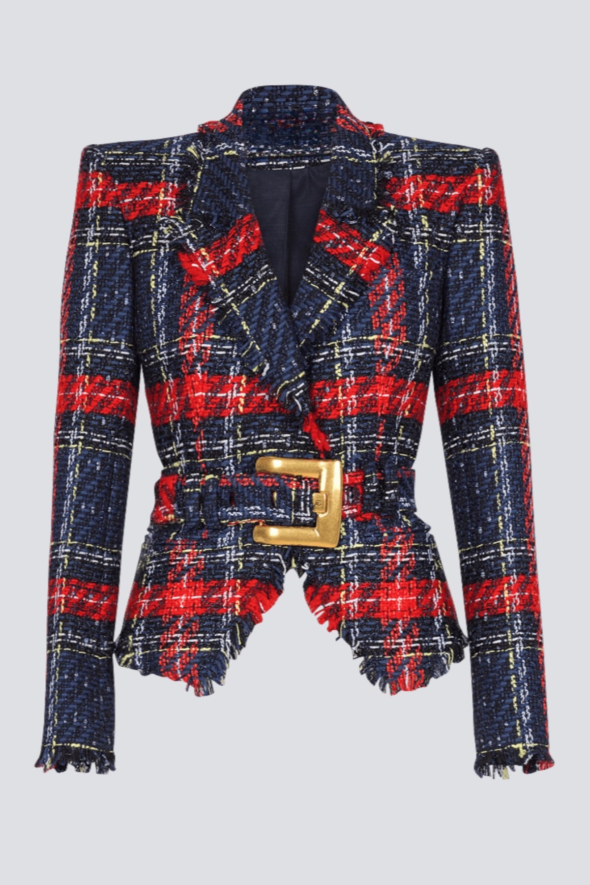 Marcea - Belted Plaid Tweed Jacket