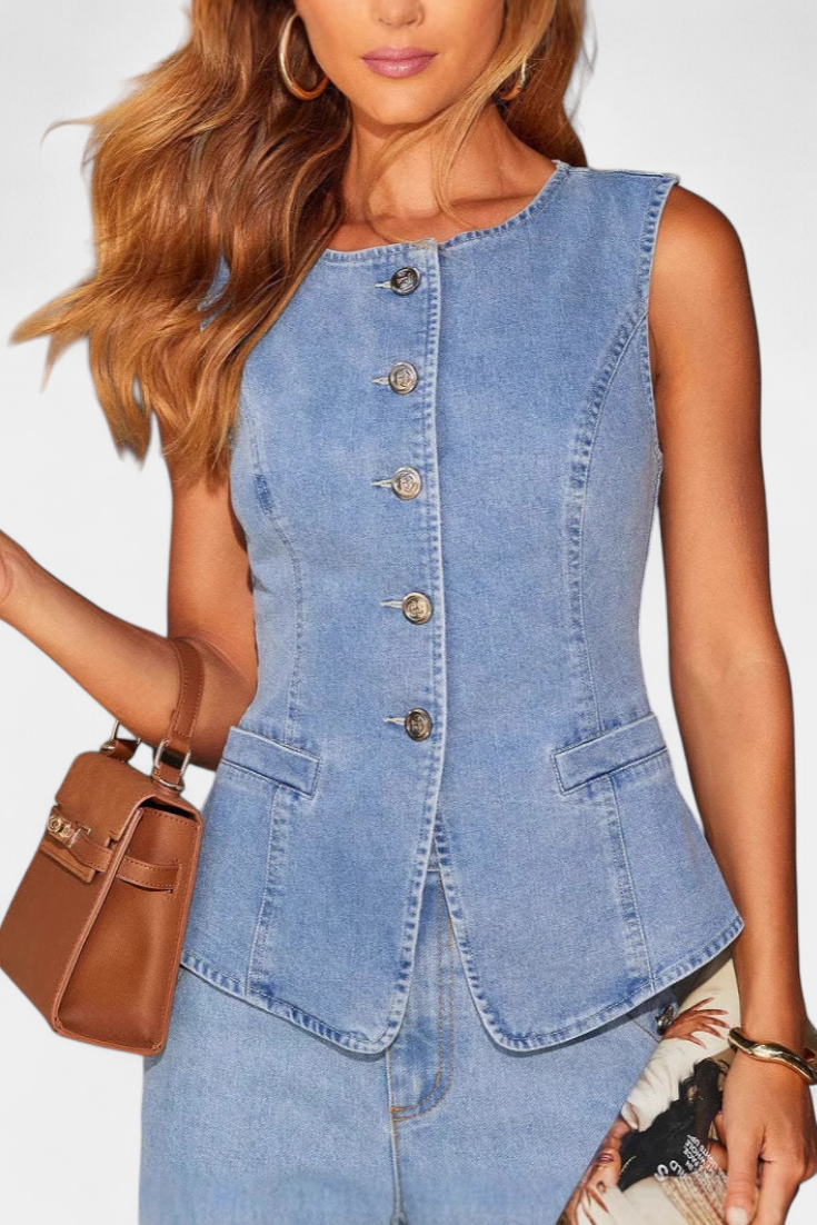 Ludovica Denim Set with Fitted Vest and Wide Leg Pants