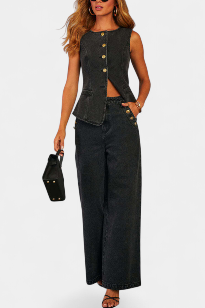 Ludovica Denim Set with Fitted Vest and Wide Leg Pants