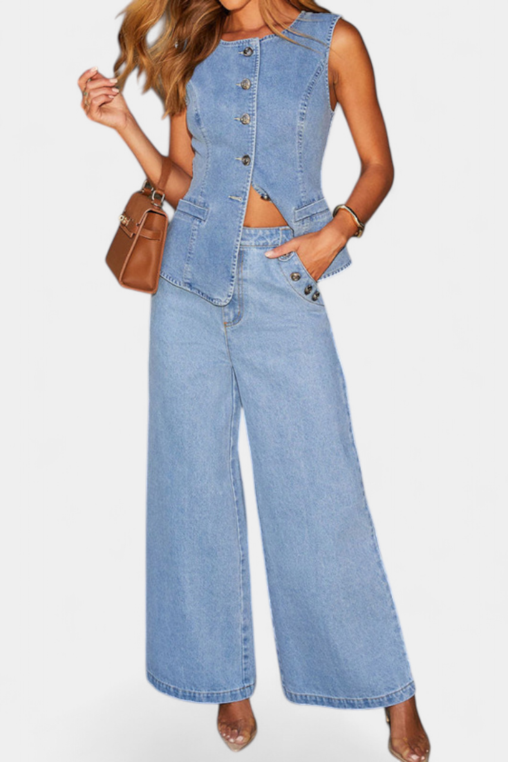 Ludovica Denim Set with Fitted Vest and Wide Leg Pants