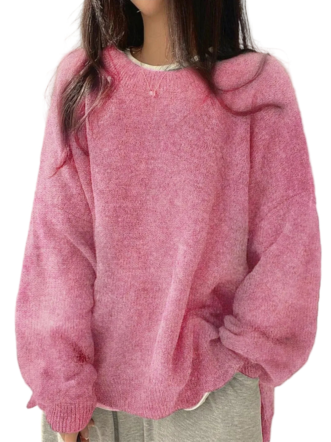 KIARA - Women's Drop Shoulder Split Hem Round Neck Sweater