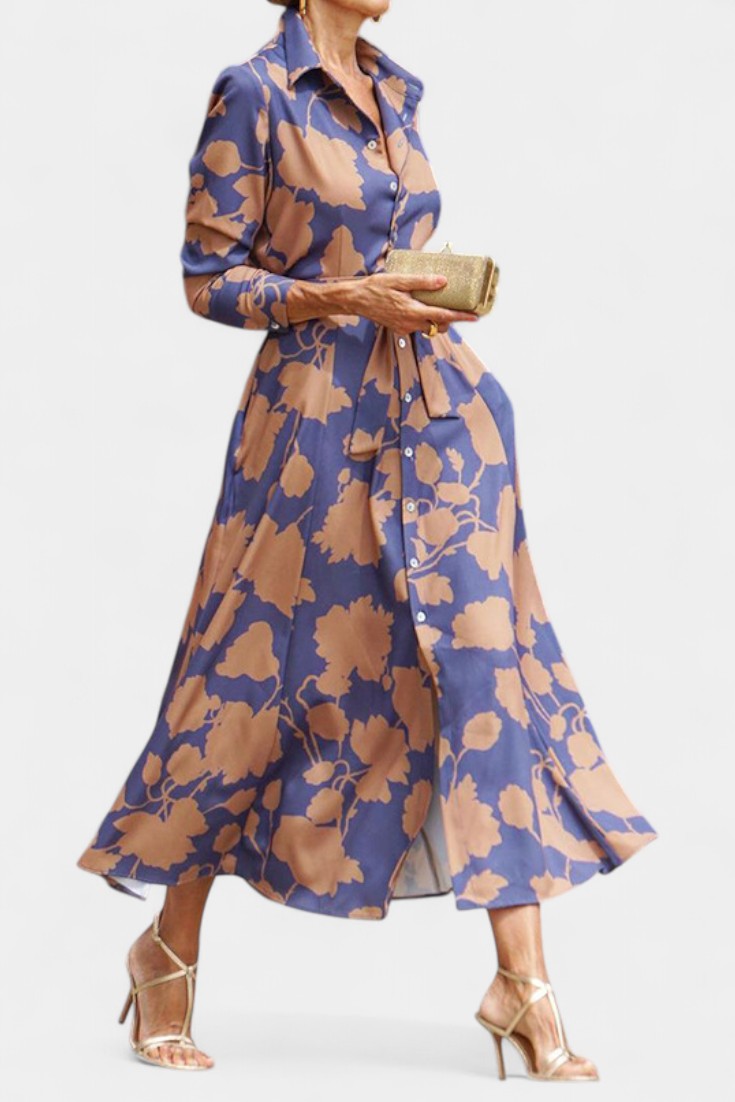 Samaria Midi Dress with Buttons and Floral Collar