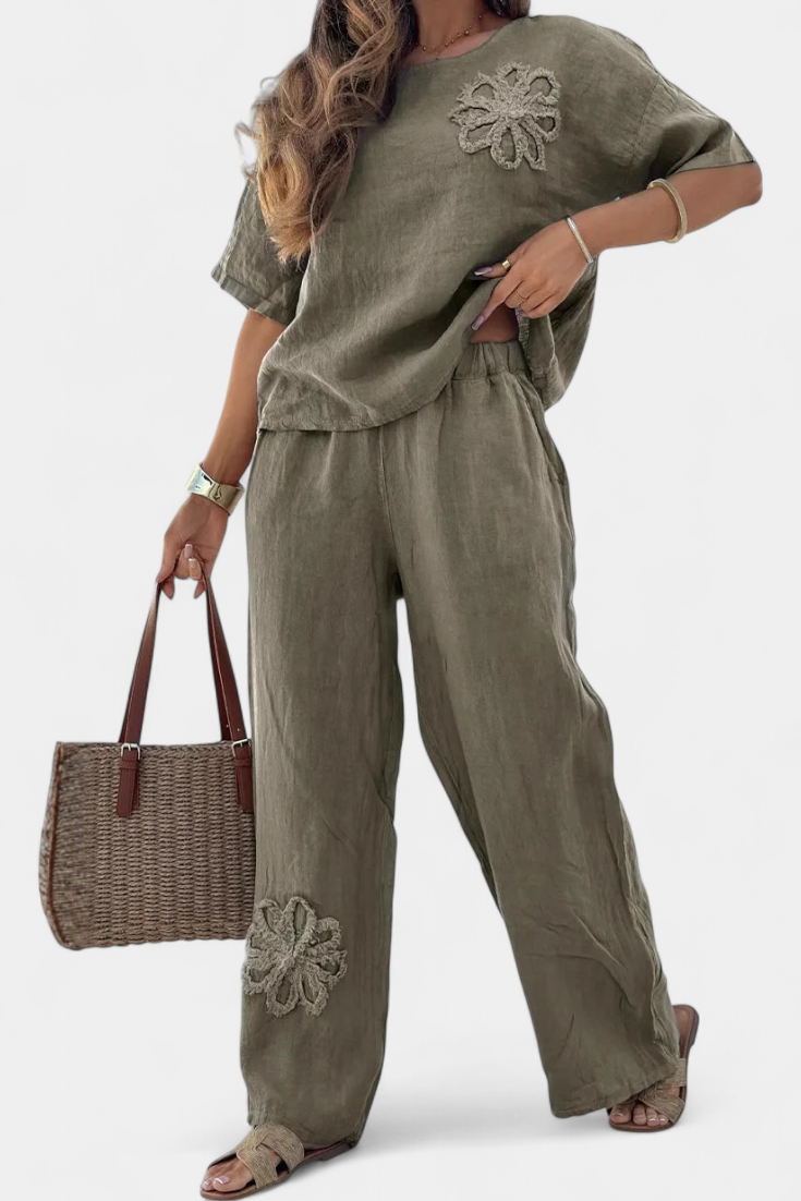 Natalia Loose Embroidered Linen Set with a Comfortable Silhouette