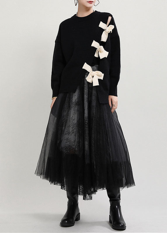 Angela | Organic Black O-Neck Patchwork asymmetrical design Fall Knit Knitted sweaters