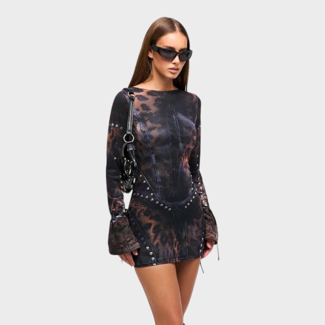 Rikkia | Mesh Leopard Print Tie-up Long Sleeve Mini Dress