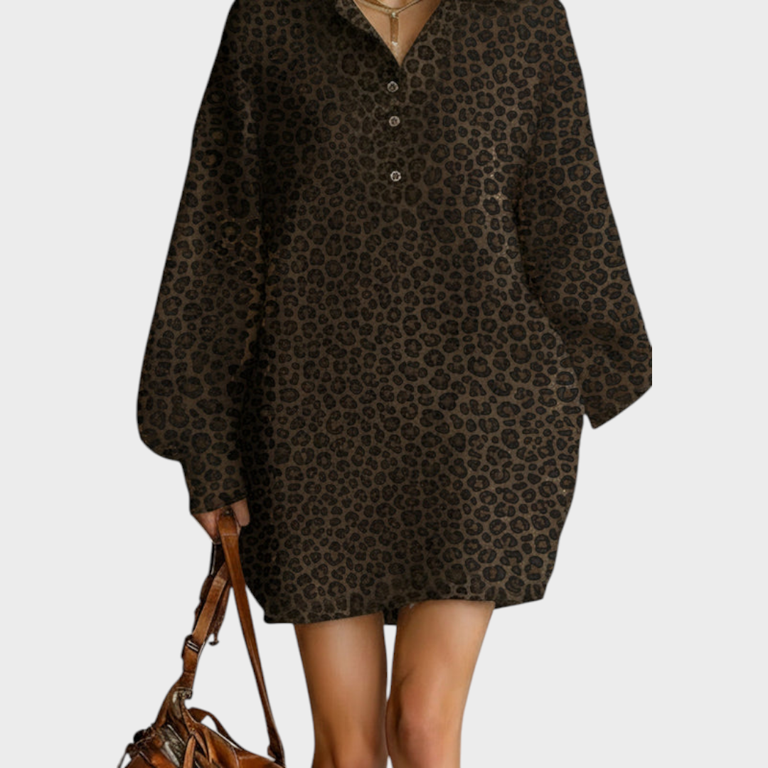 Meredith | Women's Fashionable Brown Leopard Print Loose Open Neckline Long Sleeve Dress