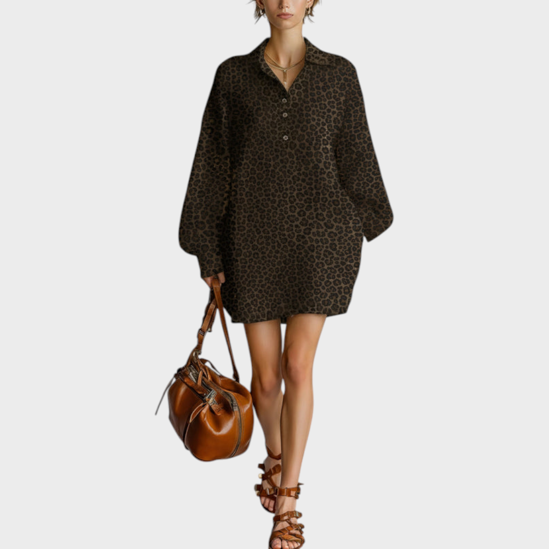 Meredith | Women's Fashionable Brown Leopard Print Loose Open Neckline Long Sleeve Dress