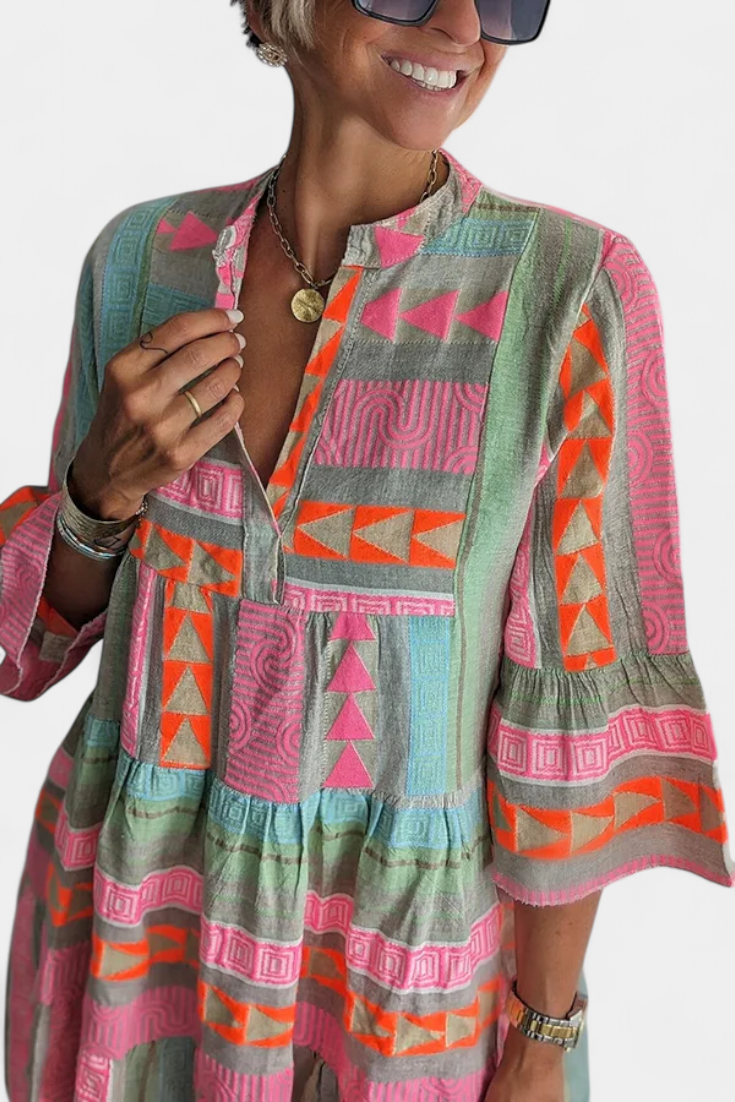 Gina Boho Embroidered Dress with V Neckline