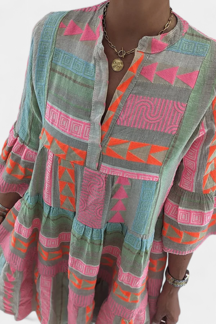 Gina Boho Embroidered Dress with V Neckline