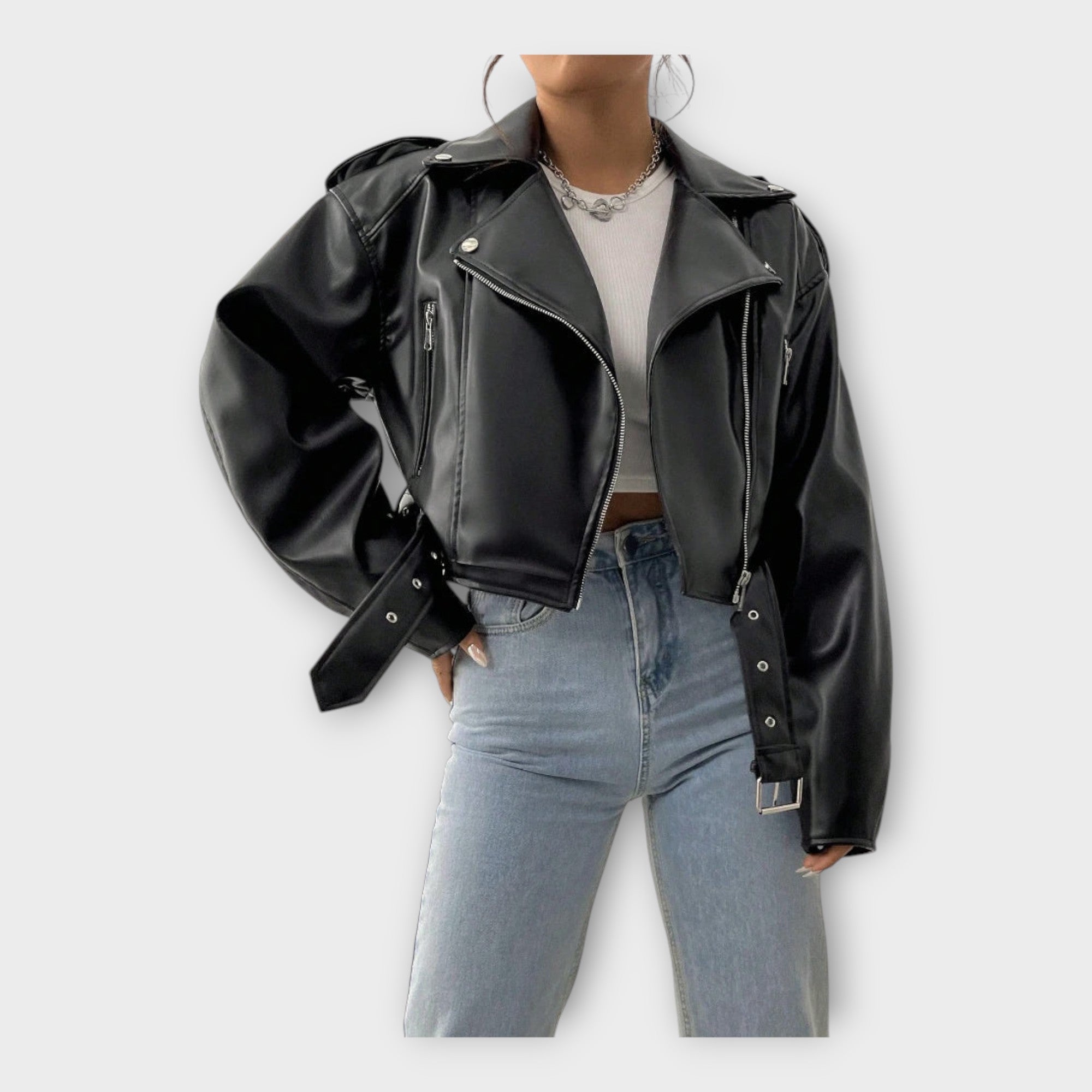 Short Leather Jacket with Belt