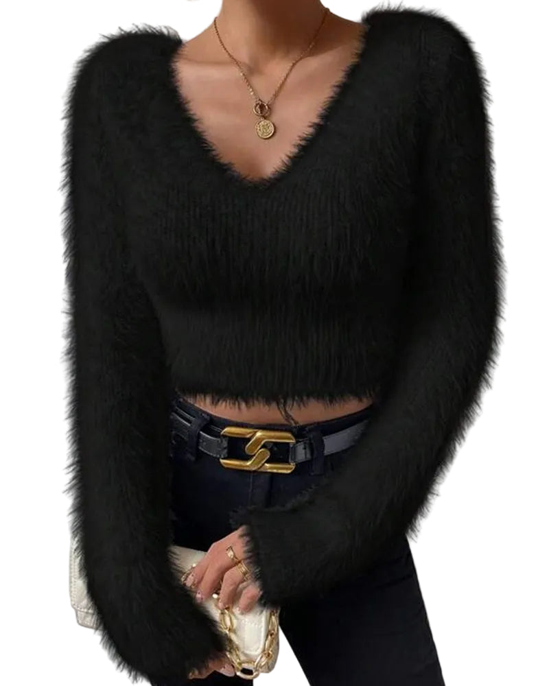 Anya | Casual Fuzzy V-Neck Knit Sweater