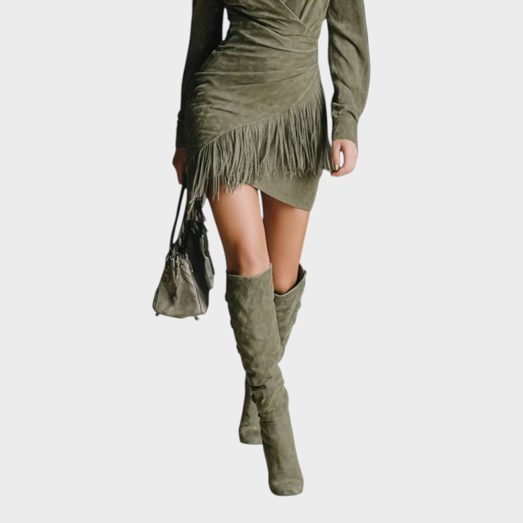 Jhemaica | OLIVE GREEN FAUX SUEDE V-NECK WRAP MINI DRESS