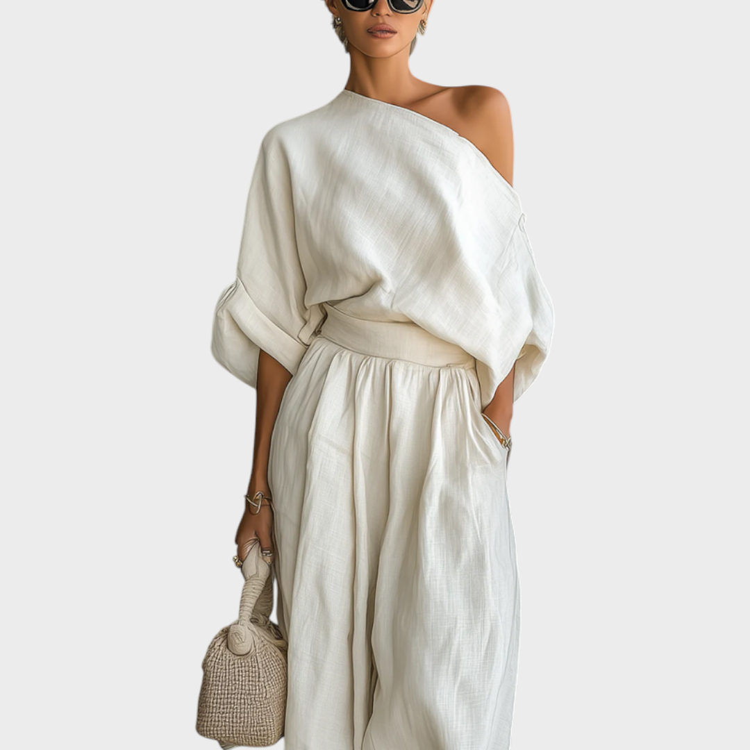 Samiyah | Off-white Linen Off-shoulder Loose Casual Top And Tapered Pants Set