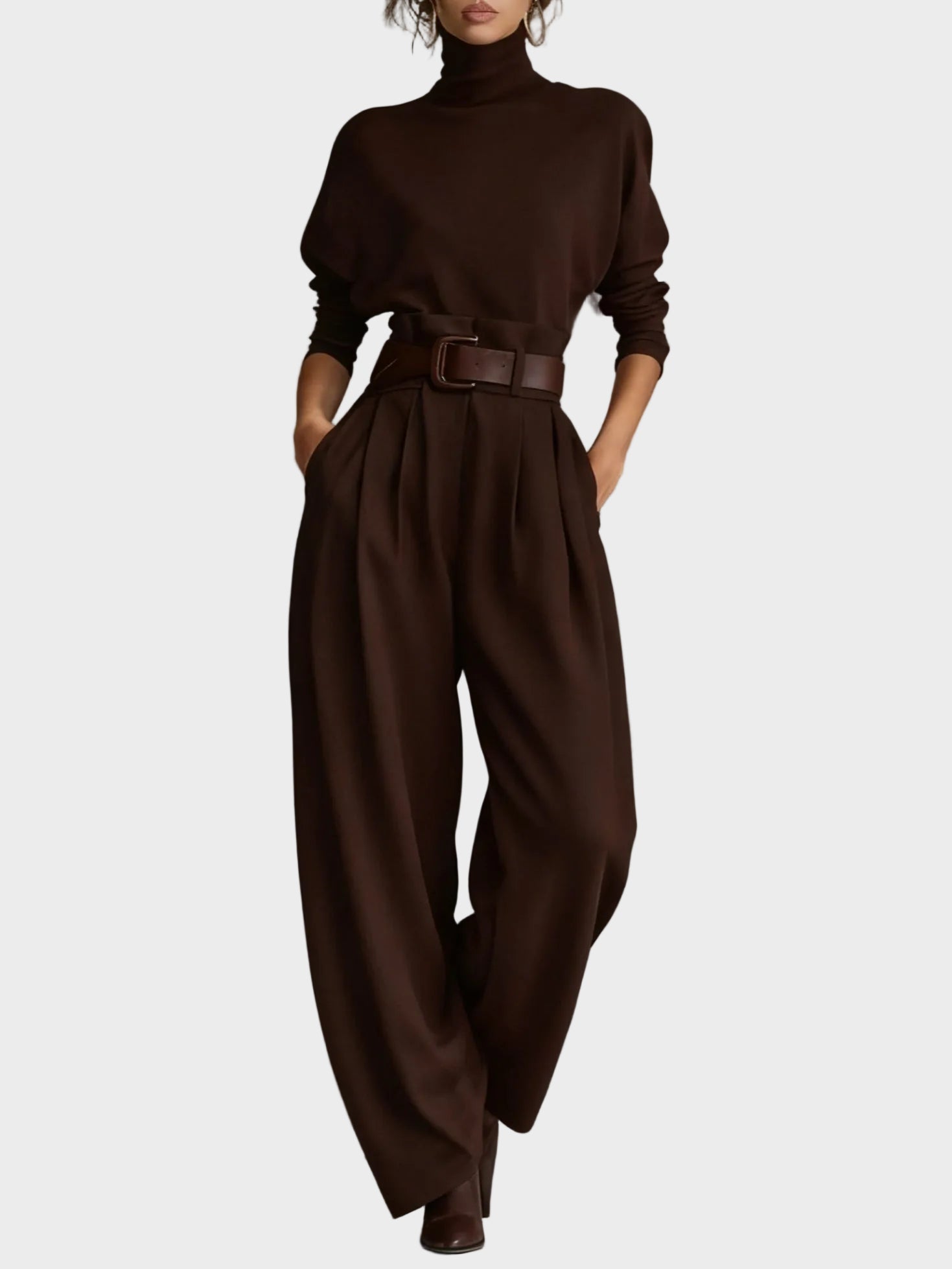 Amara | Two-piece set with a solid black long-sleeve turtleneck top and straight-leg trousers.
