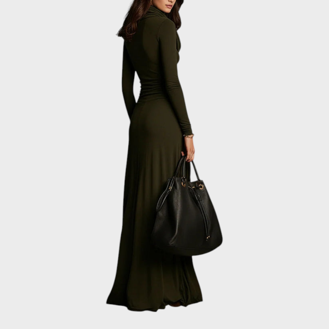 Leah | Olive Green Knit Maxi Dress with Pleats