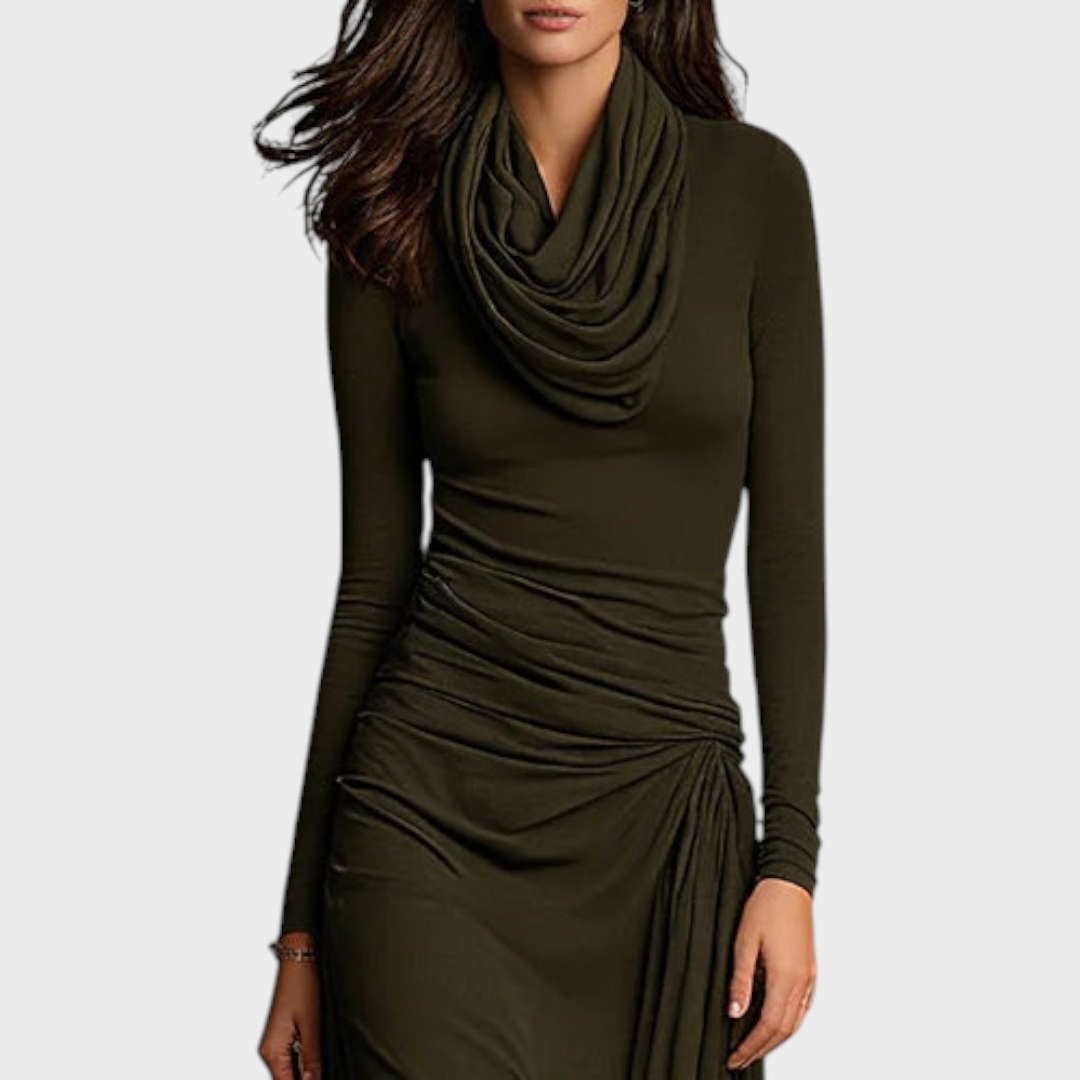 Leah | Olive Green Knit Maxi Dress with Pleats