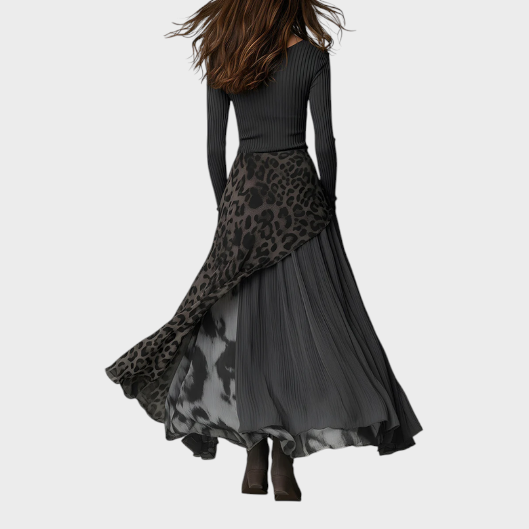 Jazzlyn | Grey Pit Stripe Leopard Print Splicing Irregular Hem Maxi Dress