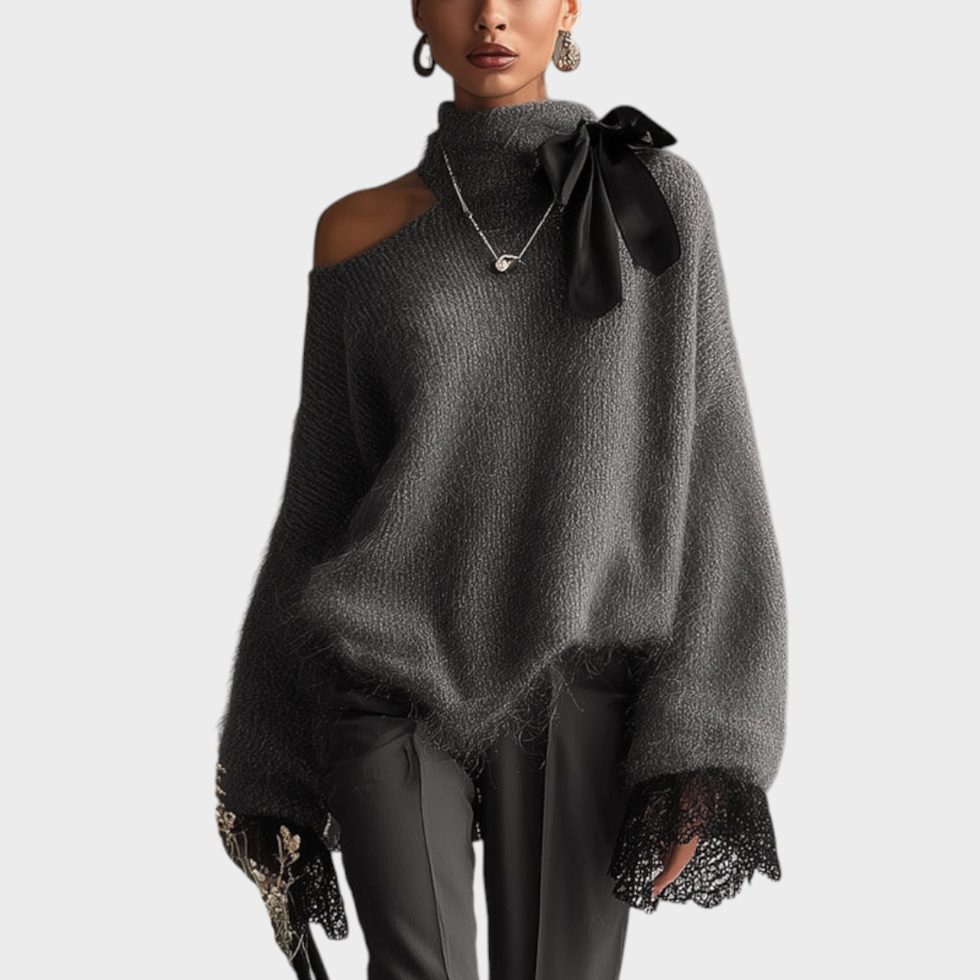 Loisa | Gray Knitted Mohair Sweater With Lace Sleeves