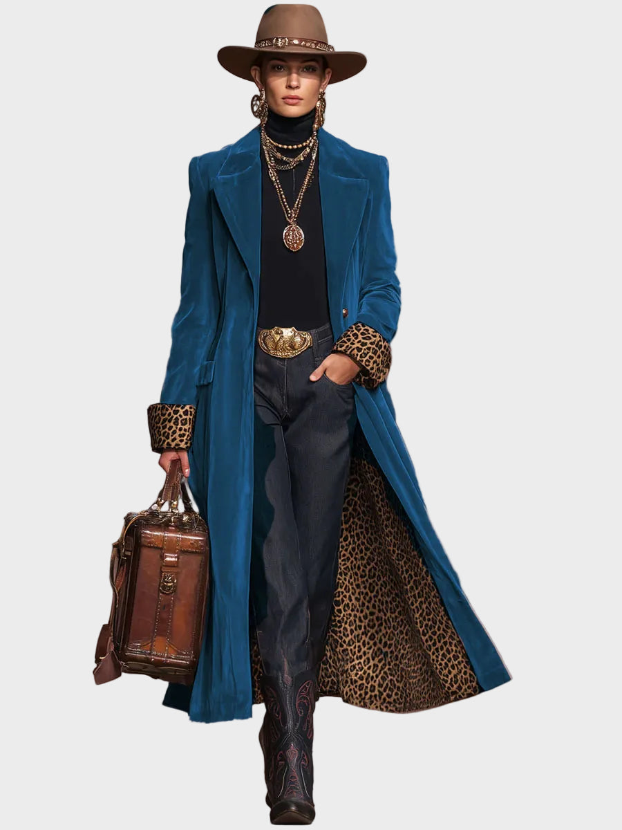 Sonia |Velvet Single-Breasted Coat with Lapel and Leopard Print