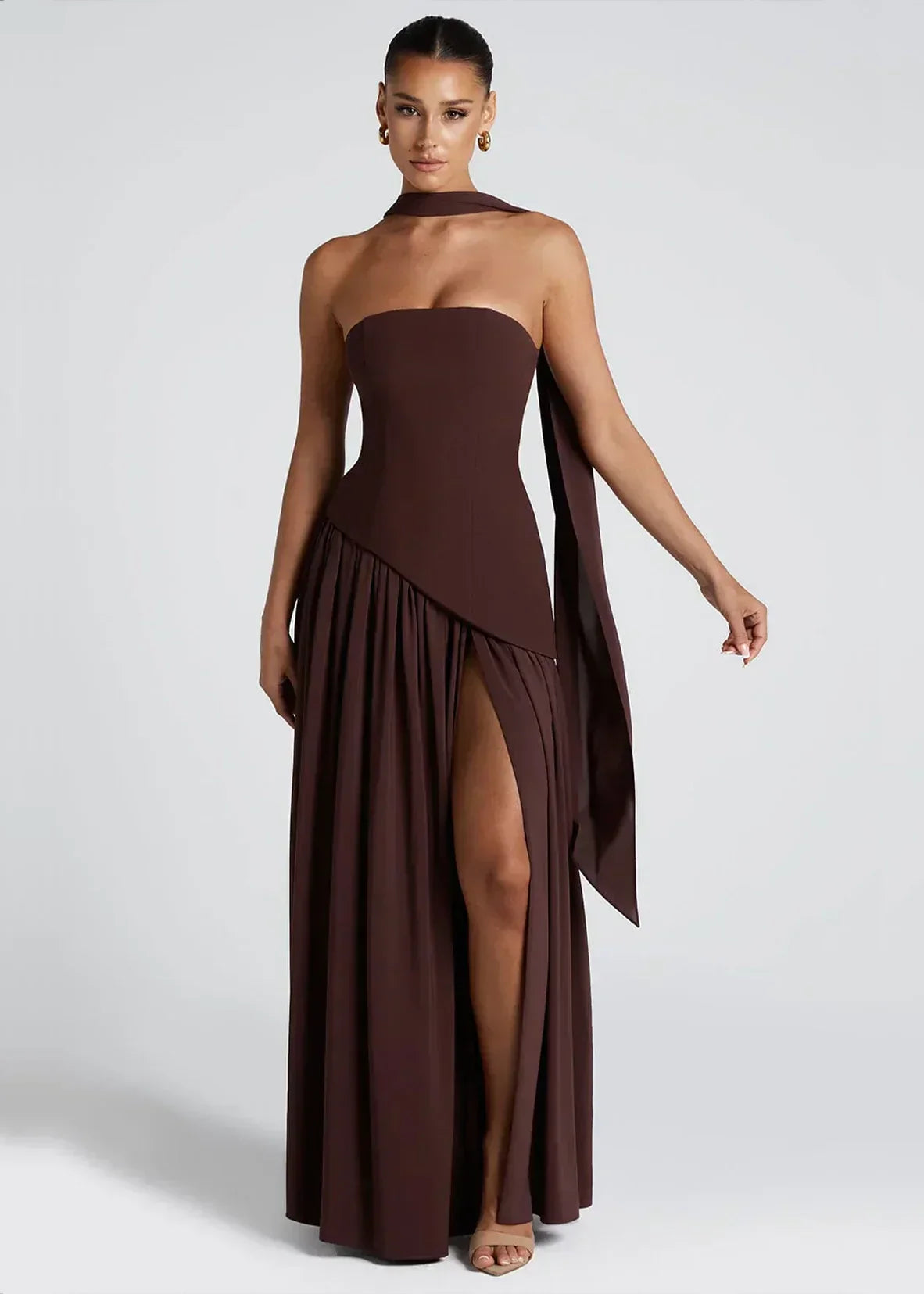 Elena – Maxi Dress with Off Shoulders, Slit & Choker Detail