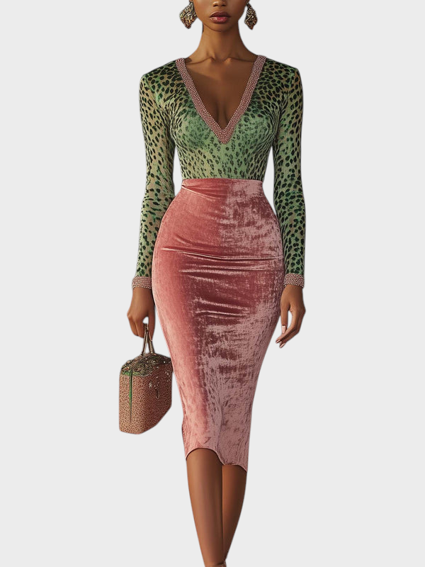 Regitze | Pink Velvet Bodycon Dress With Patchwork Straps And Leopard Pattern